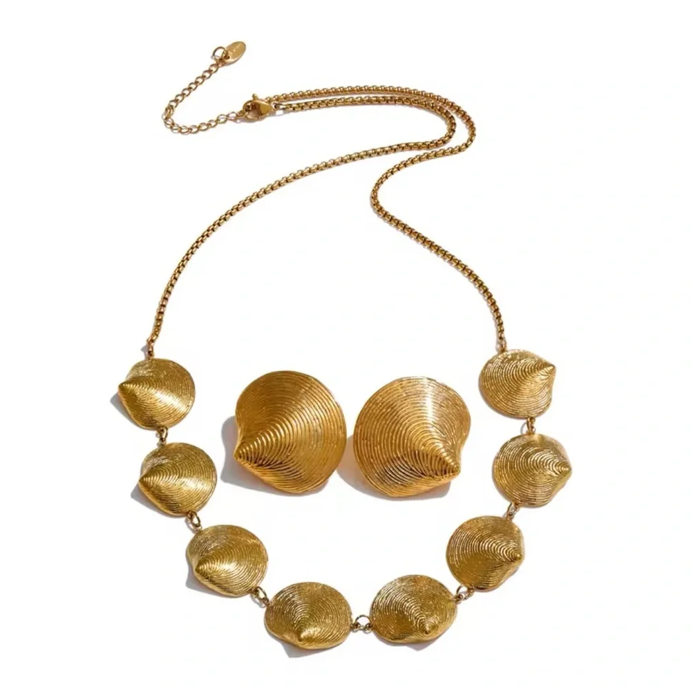 Gold Textured Bead Statement Necklace & Earring Set – Stainless Steel - Picture 4 of 17